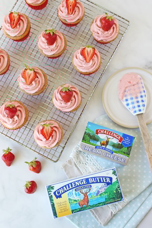 top down view of Fresh Strawberry Cupcakes on cooling rack
