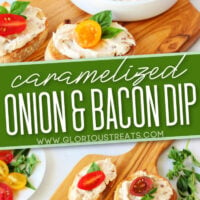 2 image collage of onion and bacon dip in white bowl sitting on wood board