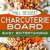 2 image collage of fall charcuterie board with center color block and text overlay top image is an overhead shot of the board and the bottom image is a close up of the board