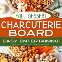 2 image collage of fall charcuterie board with center color block and text overlay top image is an overhead shot of the board and the bottom image is a close up of the board