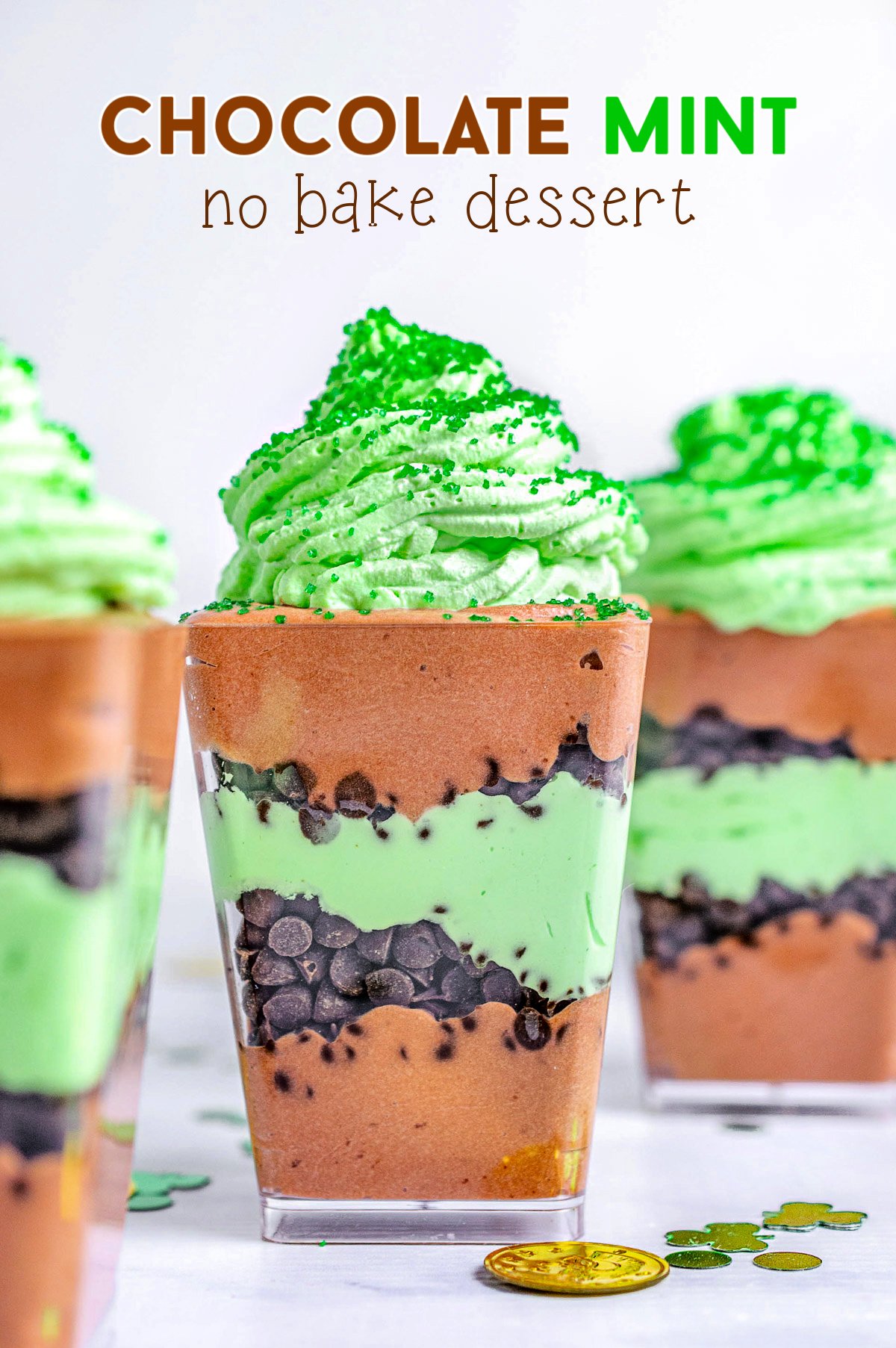 chocolate mint layered dessert in small square plastic cups with title overlay at top of image.