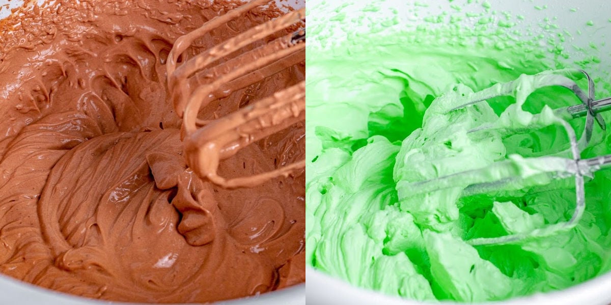 chocolate pudding and green whipped cream in two image collage.