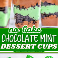 no bake chocolate mint dessert cups close up look in top image and three in a row in bottom image with center color block and text overlay.