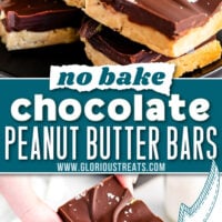 two image collage showing peanut butter bars topped with chocolate on a small black plate. center color block with text overlay.