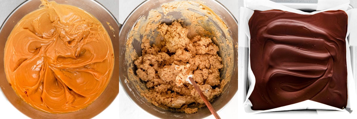 three image collage showing peanut butter bars being made and topped with chocolate.