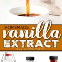 vanilla extract being poured into small white bowl and three bottles of homemade vanilla extract. center color block with text overlay.