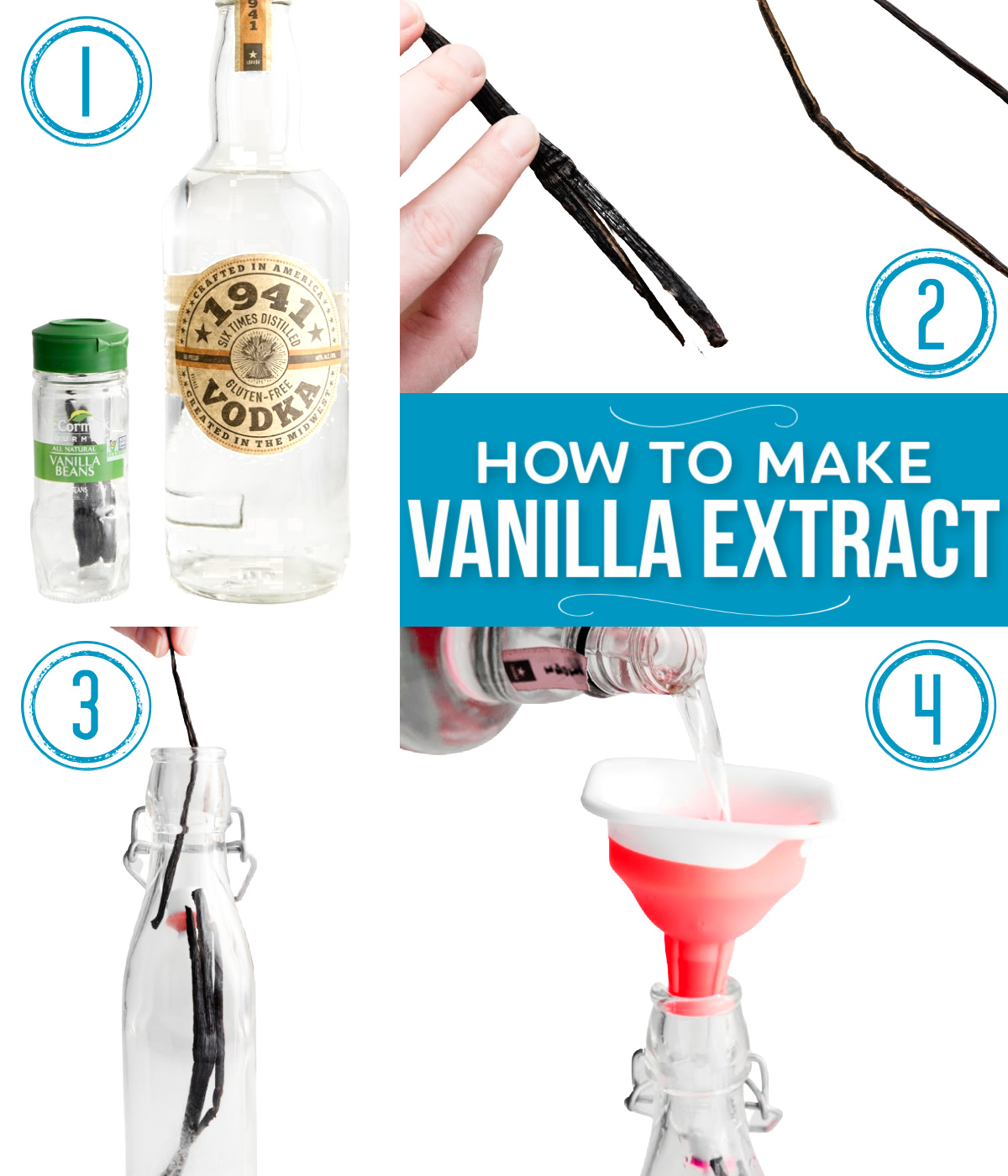 collage showing steps of how to make homemade vanilla extract.