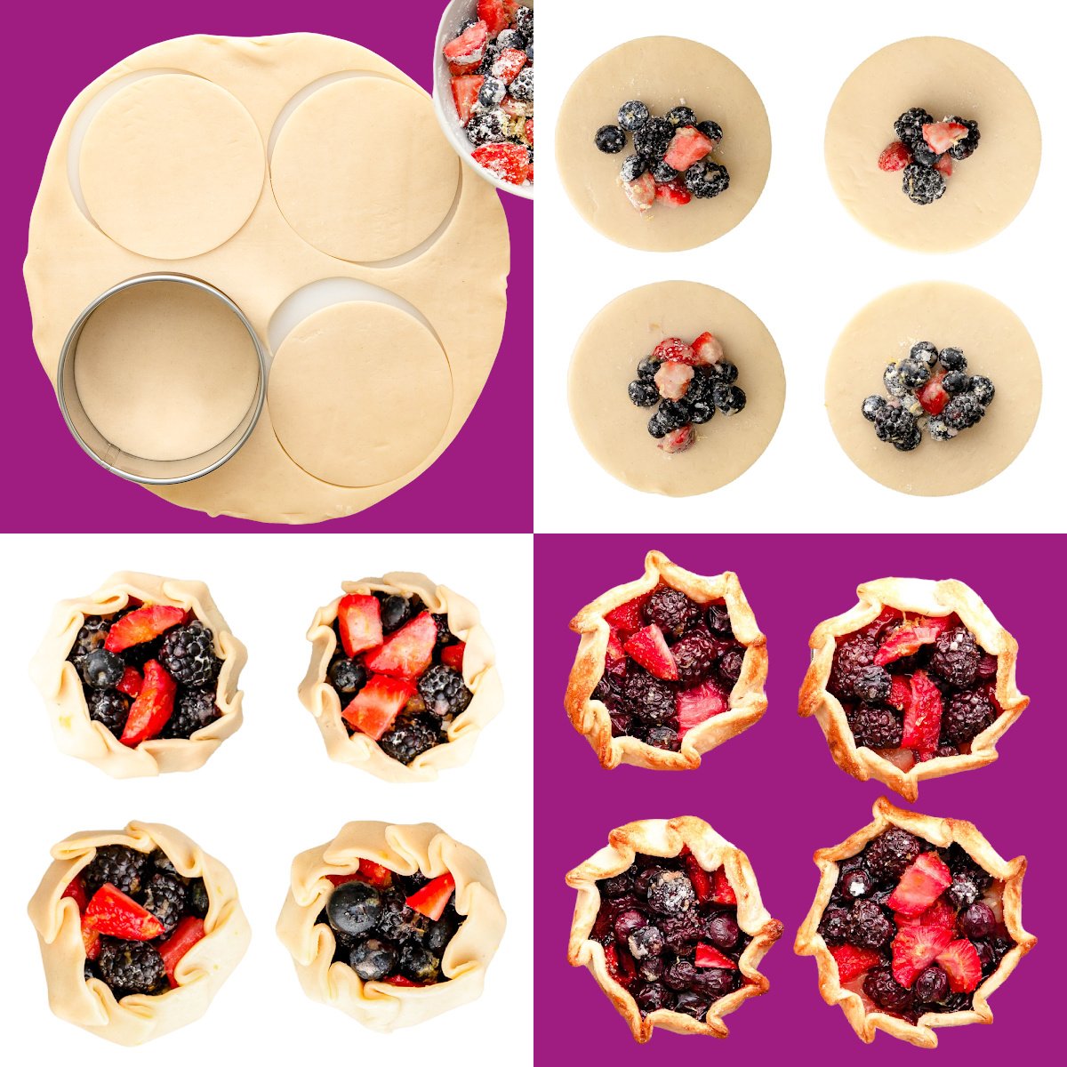 a four image collage showing step by step photos of how to assemble mini galettes.