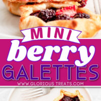 two image collage of mini berry galettes. Top image galette is topped with ice cream and bottom image is a top down view of two galettes. Center color block with text overlay.