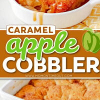 two image collage with bowl of apple cobbler on top and baking dish with apple cobbler on bottom. center color block with text overlay.