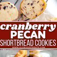 two image collage showing shortbread cookies on a wire cooling rack and in a tall glass jar. center color block with text overlay.