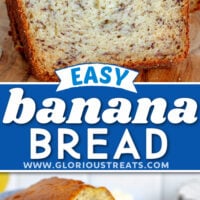 two image collage with slice banana bread and the whole loaf in the bottom image. center color block with text overlay.