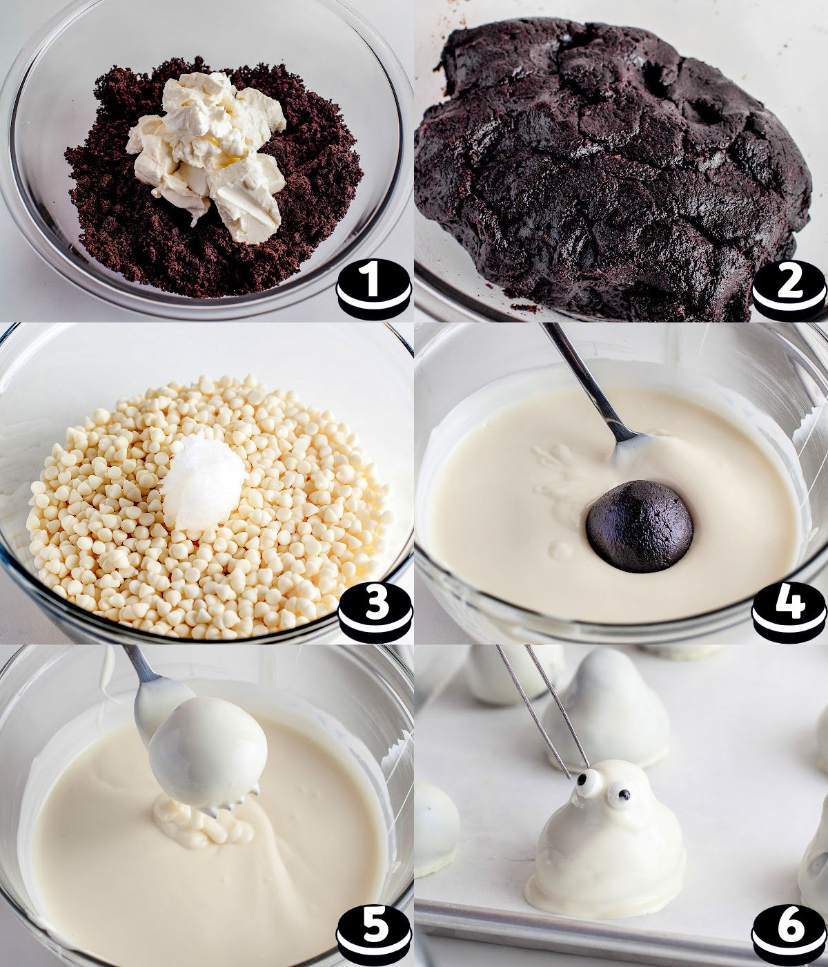 six image collage showing step by step how to make oreo balls and shape them into ghosts or mummies.