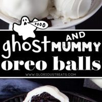 two image collage in black and white showing ghost and mummy oreo balls as well as the inside of the ball. center color block with text overlay.