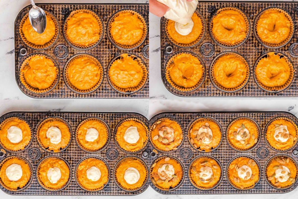 four image collage showing how to add cream cheese filling to pumpkin muffins.