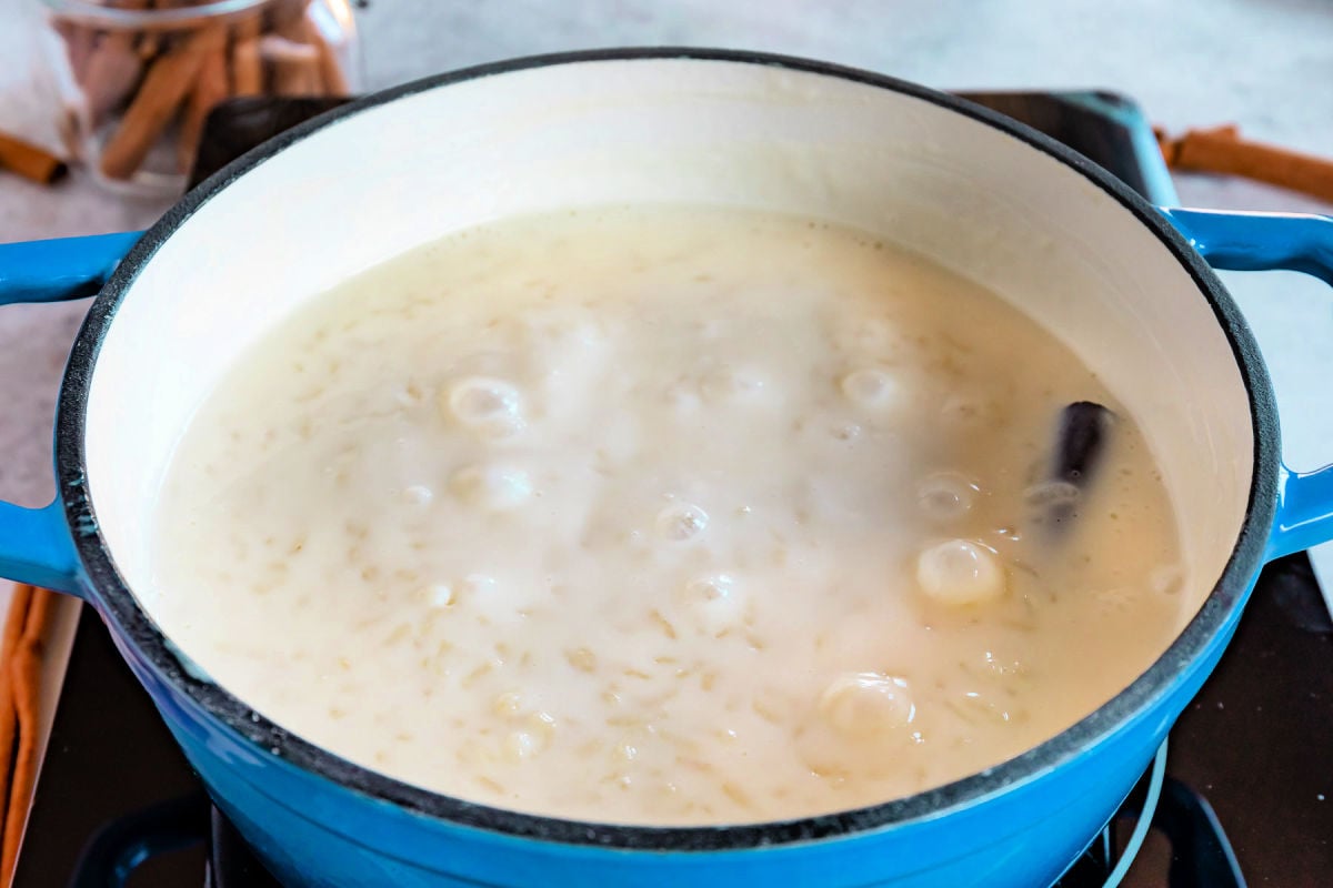 rice pudding cooking in a dutch oven.