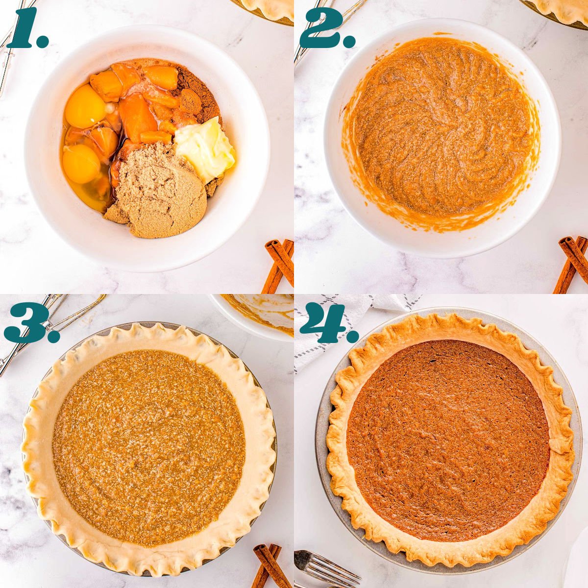 four image collage showing how to make a sweet potato pie.