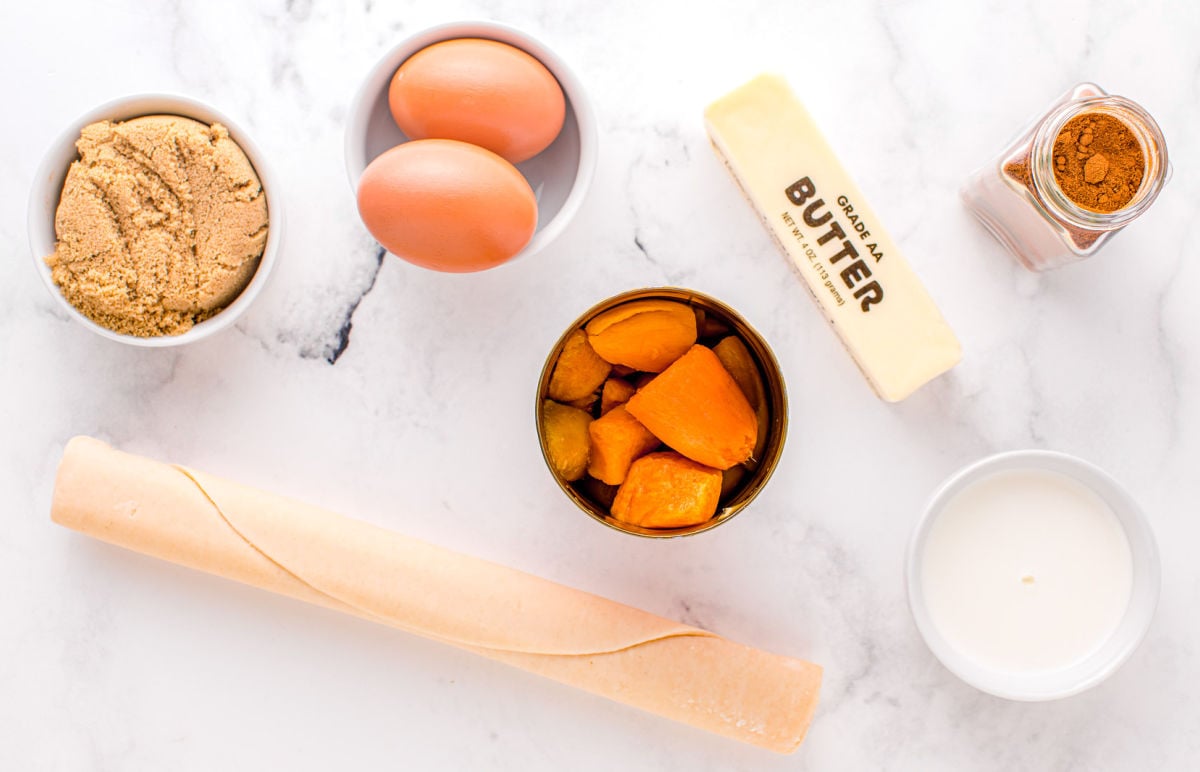 ingredients for sweet potato pie measured out and ready to use in the recipe.