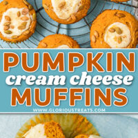 two image collage showing pumpkin cream cheese muffin resting on a round wire cooling rack and bottom image shows one muffin cut in half revealing the cheesecake center. center color block with text overlay.