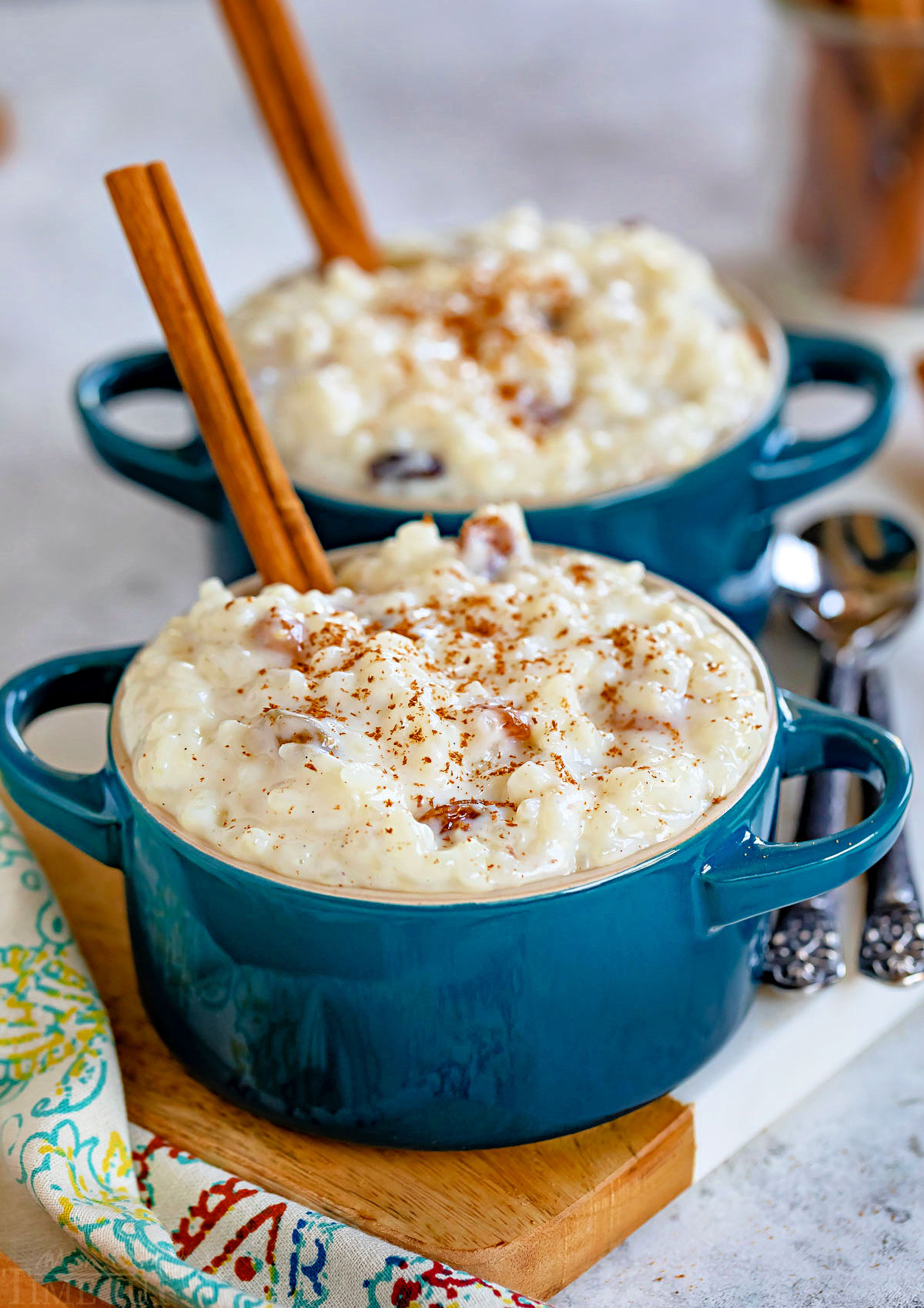 two small bowls filled with rice pudding and both have a cinnamon stick sticking out of the top. garnished with freshly grated cinnamon.