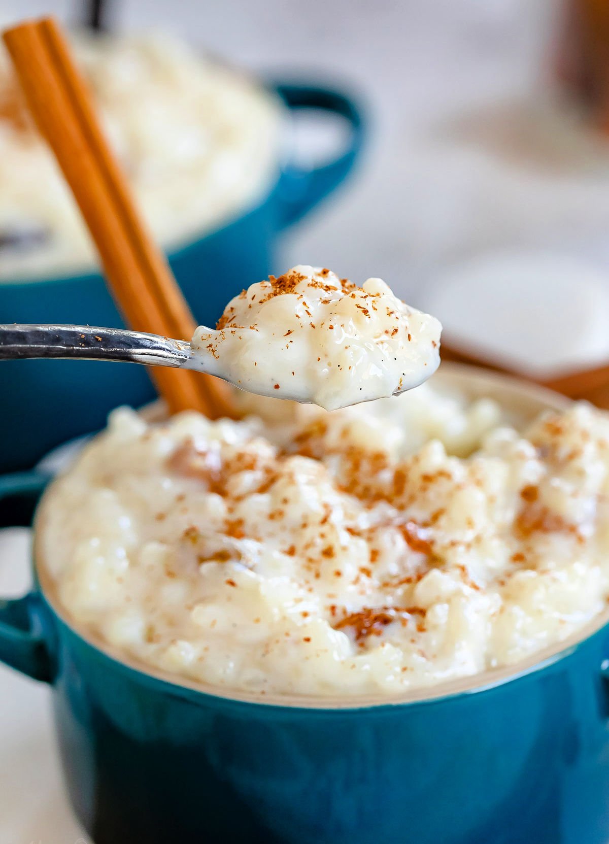 small spoonful of rice pudding held over a small teal bowl of rice pudding. ground cinnamon sprinkled on top.