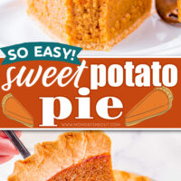 two image collage showing a slice of sweet potato pie on a plate topped with whipped cream and held above the rest of the pie. center color block with text overlay.