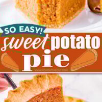 two image collage showing a slice of sweet potato pie on a plate topped with whipped cream and held above the rest of the pie. center color block with text overlay.