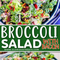two image collage with top down look at broccoli salad in blue bowl and bottom image shows the front view. center color block with text overlay.