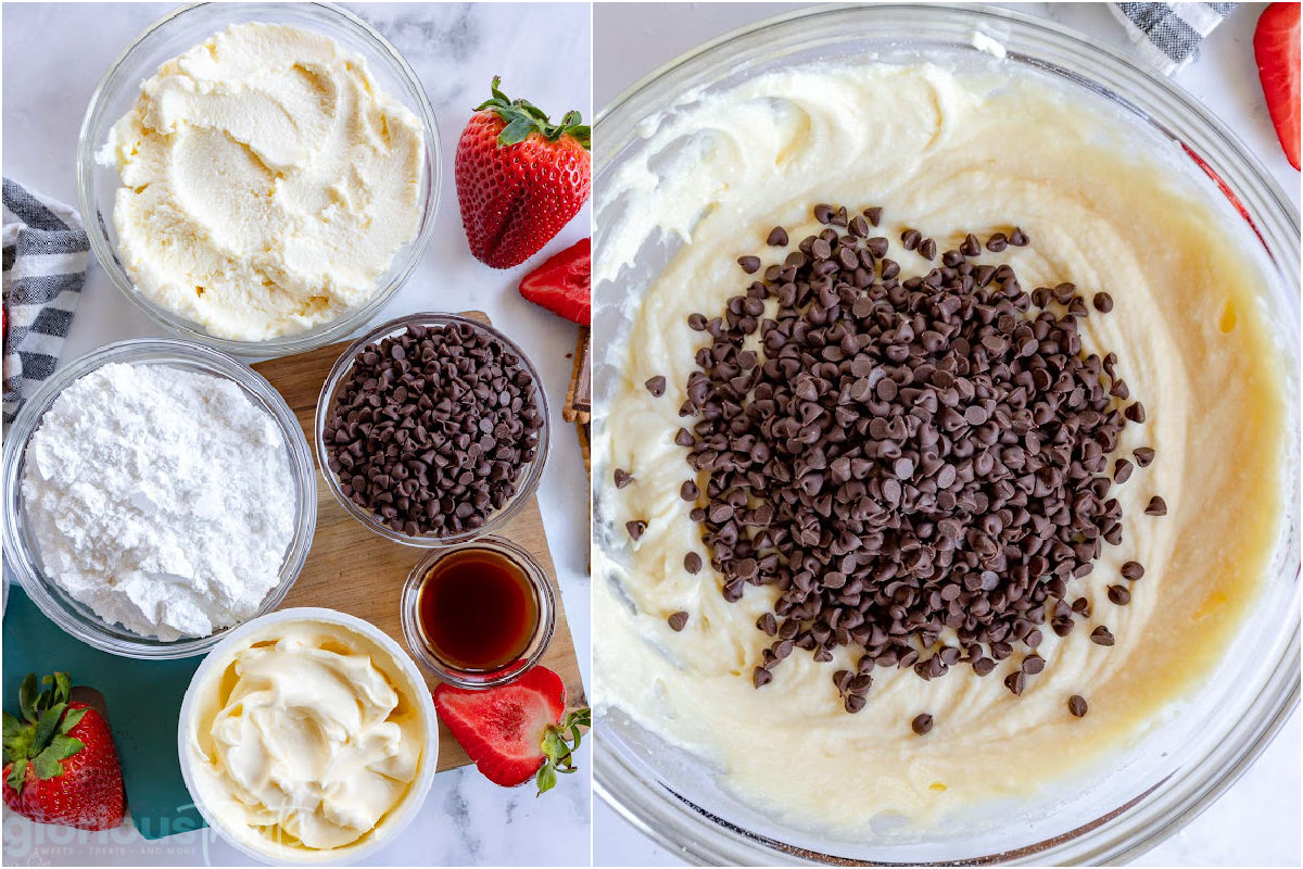 two image collage showing cannoli dip ingredients measured out and also the dip made with the mini chocolate chips about to be stirred in.