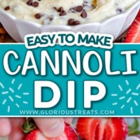 two image collage showing cannoli dip in white bowl with mini chocolate chips on top and the bottom image shows a half a strawberry being dipped. center color block with text overlay.