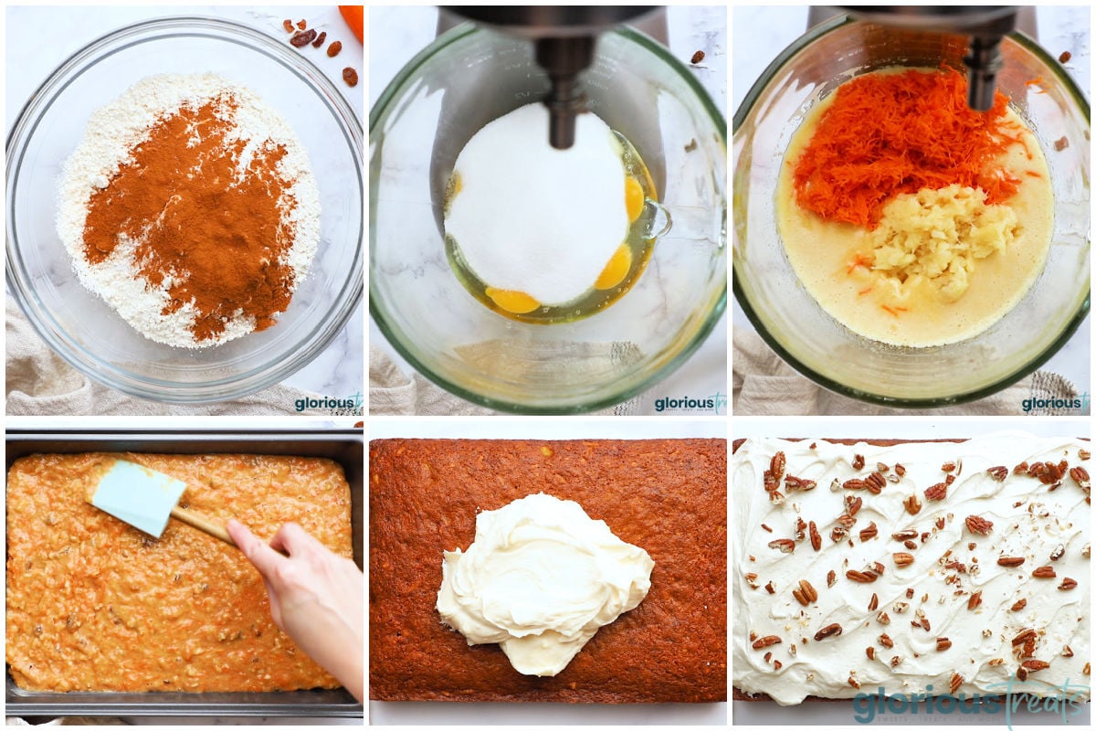 six image collage showing how to make carrot cake and frost the cake with cream cheese frosting.