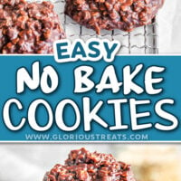 two image collage showing no bake cookies on a wire cooling rack and bottom image shows three cookies stacked on top of each other. center color block with text overylay.