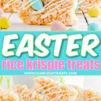 two image collage showing bunny rice krispie treats decorated for Easter. center color block with text overlay.