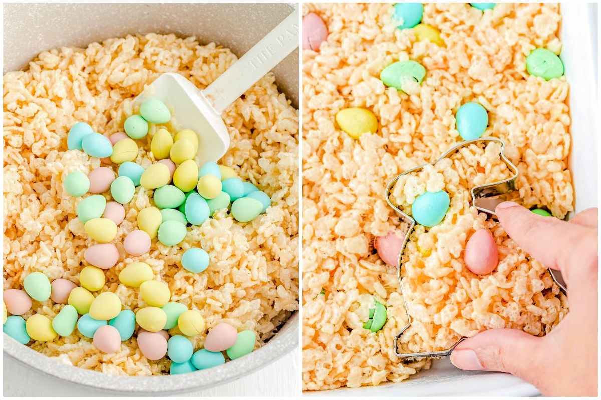 two image collage showing how to make easter rice krispie treats.