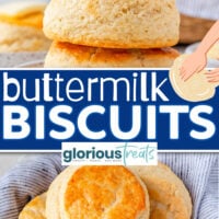 two image collage showing a stack of three biscuits in the top image and a basket lined with a blue towel in the bottom. the basket is filled with golden brown biscuits. center color block with text overlay.