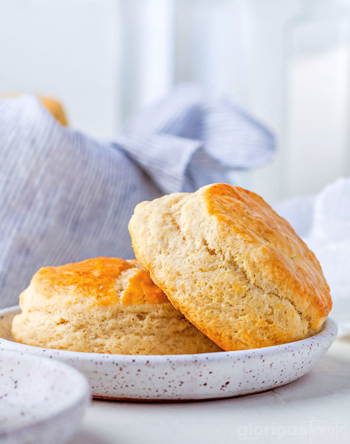 two biscuits on a small plate with one biscuit leaning up against the other. A basket is lined with a blue and white striped towel in the background.
