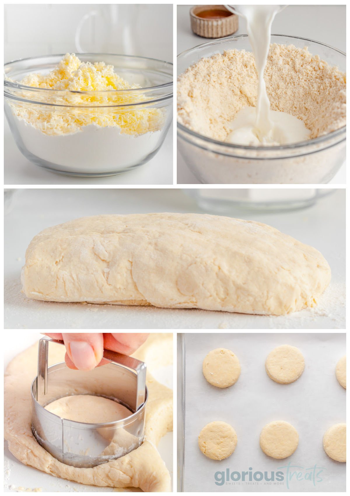 five image collage showing how to make buttermilk biscuits.