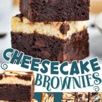 two image collage showing cheesecake brownies stacked two and three high along with a top down image of the brownies cut into squares. center color block with text overlay.