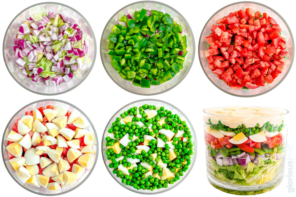 six image collage showing how to make a 7 layer salad.