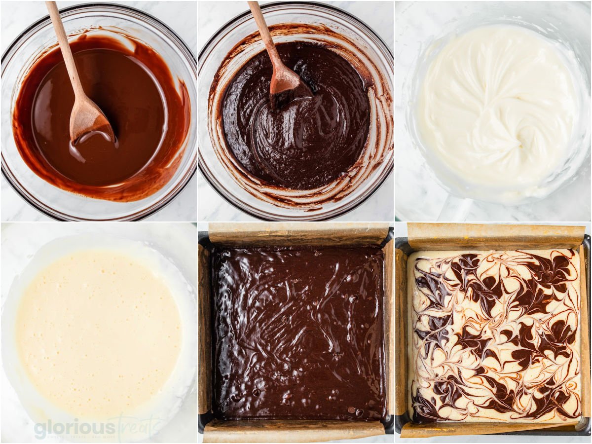 six image collage showing how to make cheesecake brownies.