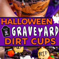 two image collage showing pudding dirt cups decorated with ghost peeps and pumpkin candies. center color block with text overlay.