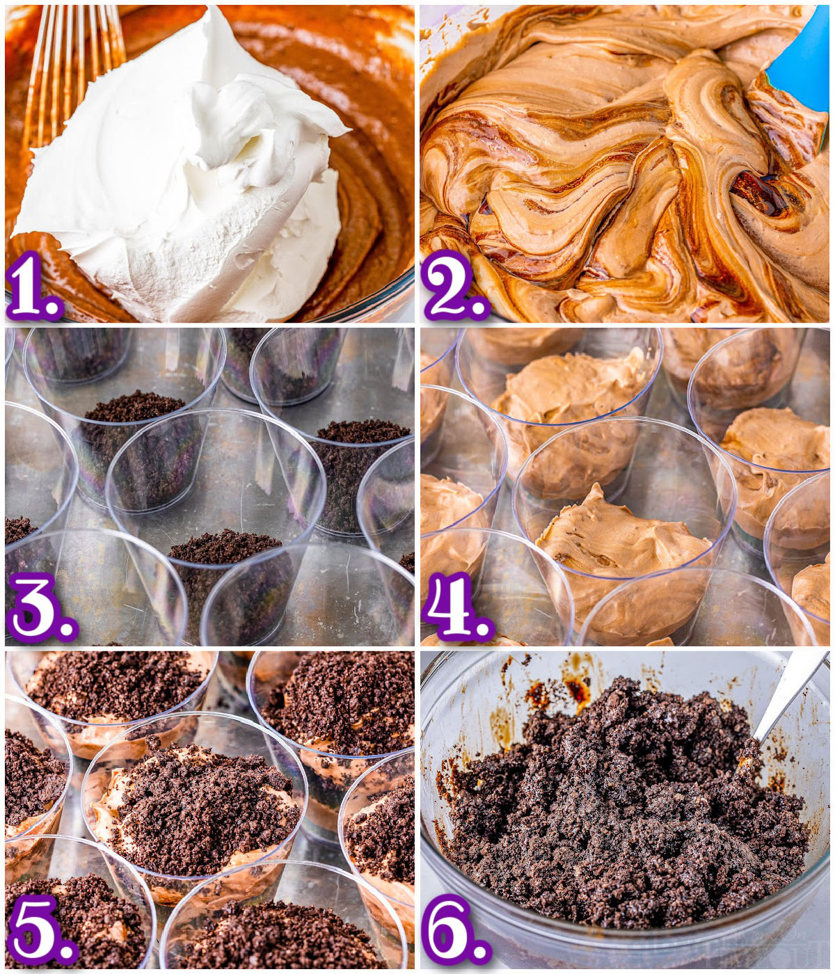 six image collage showing how to assemble the pudding dirt cups.