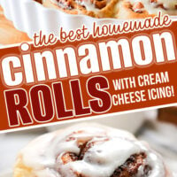 two image collage showing cinnamon rolls in round white baking dish and a single cinnamon roll on a white plate. center diagonal color block with text overlay.