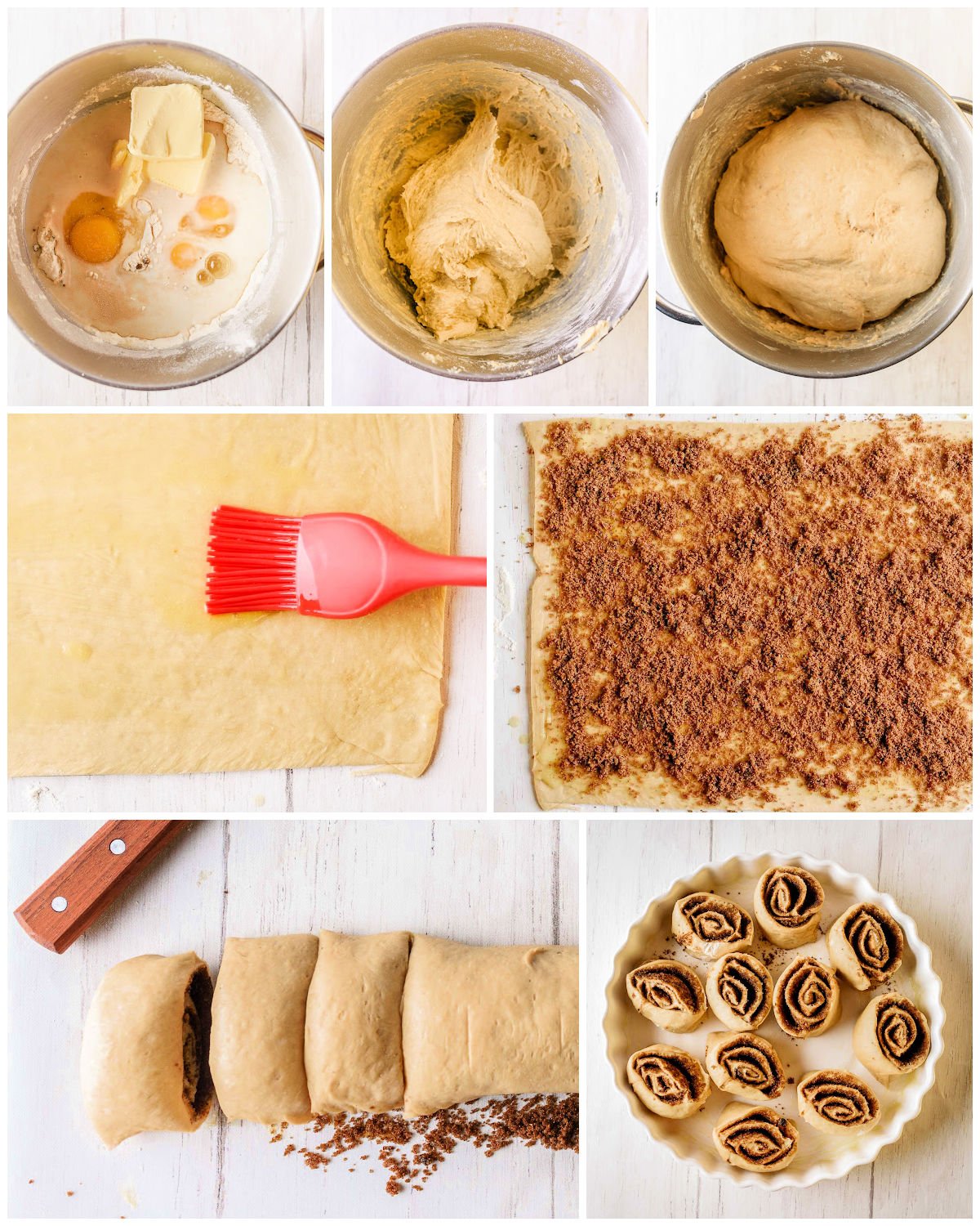 seven image collage showing step by step how to make cinnamon rolls.