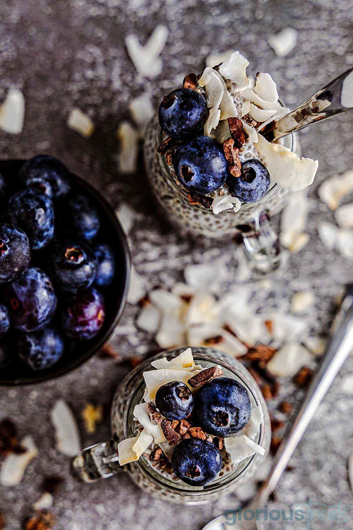 top down view of two jars of chia pudding layered with blueberry compote and topped with fresh blueberries and coconut flakes. a small bowl of blueberries is sitting to the left of the jars.