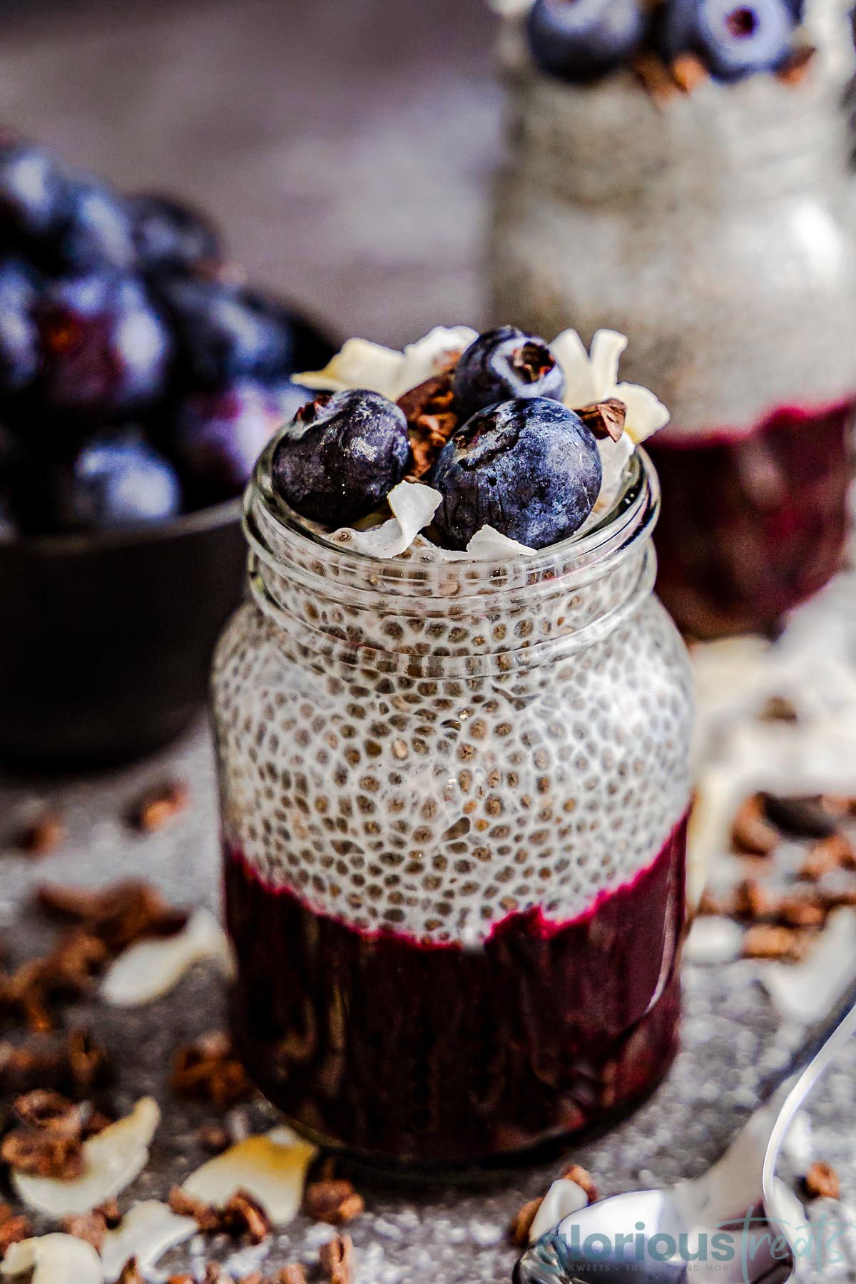 angled top down look at mason jar with blueberry compote and chia seed pudding garnished with blueberries and coconut. bowl of blueberries and another pudding can be seen in the background. a small spoon is next to the jar.