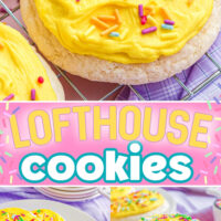 three image collage showing lofthouse cookies with yellow frosting and sprinkles on a plate, stacked three high and a close up of the frosting. center color block with text overlay.