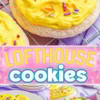 three image collage showing lofthouse cookies with yellow frosting and sprinkles on a plate, stacked three high and a close up of the frosting. center color block with text overlay.