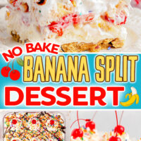 three image collage showing banana split dessert on a plate, in a glass baking dish and a close up of the toppings. center color block with text overlay.