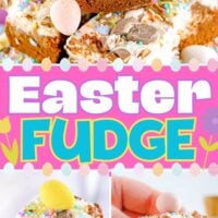 three image collage showing easter fudge made with cadbury creme eggs with one image showing a piece being held above the plate. center color block with text overlay.